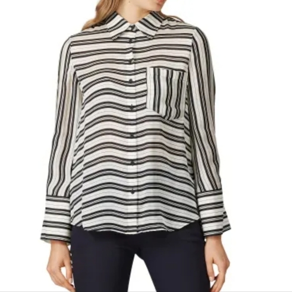 Club Monaco Size XS Black & Off-White Striped Kini Shirt, 100% Silk Gently Used - Picture 16 of 16